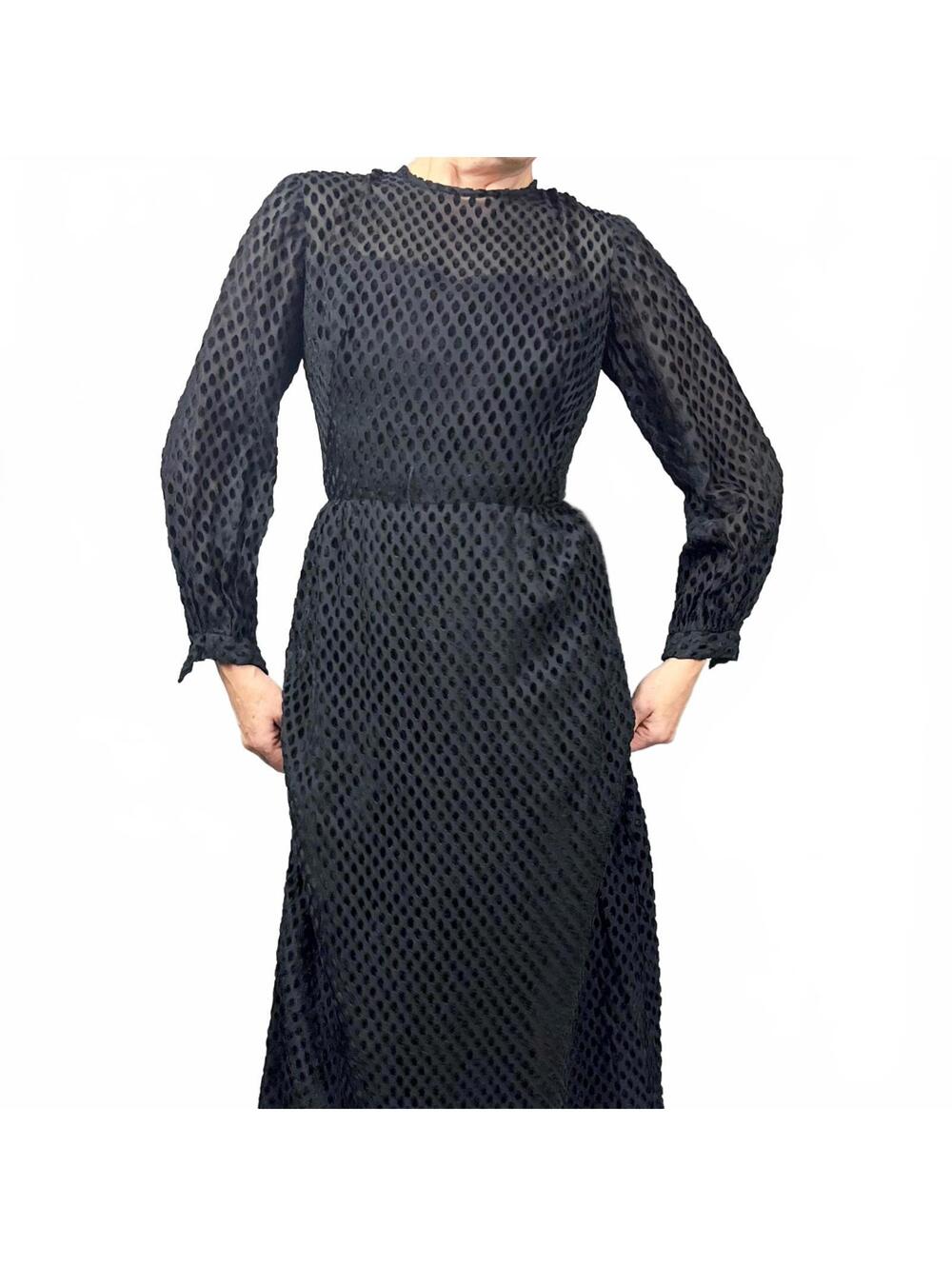 Vintage Maxi Dress | 60's Formal Black Long Sleeve Dress, Textured Dot Pattern